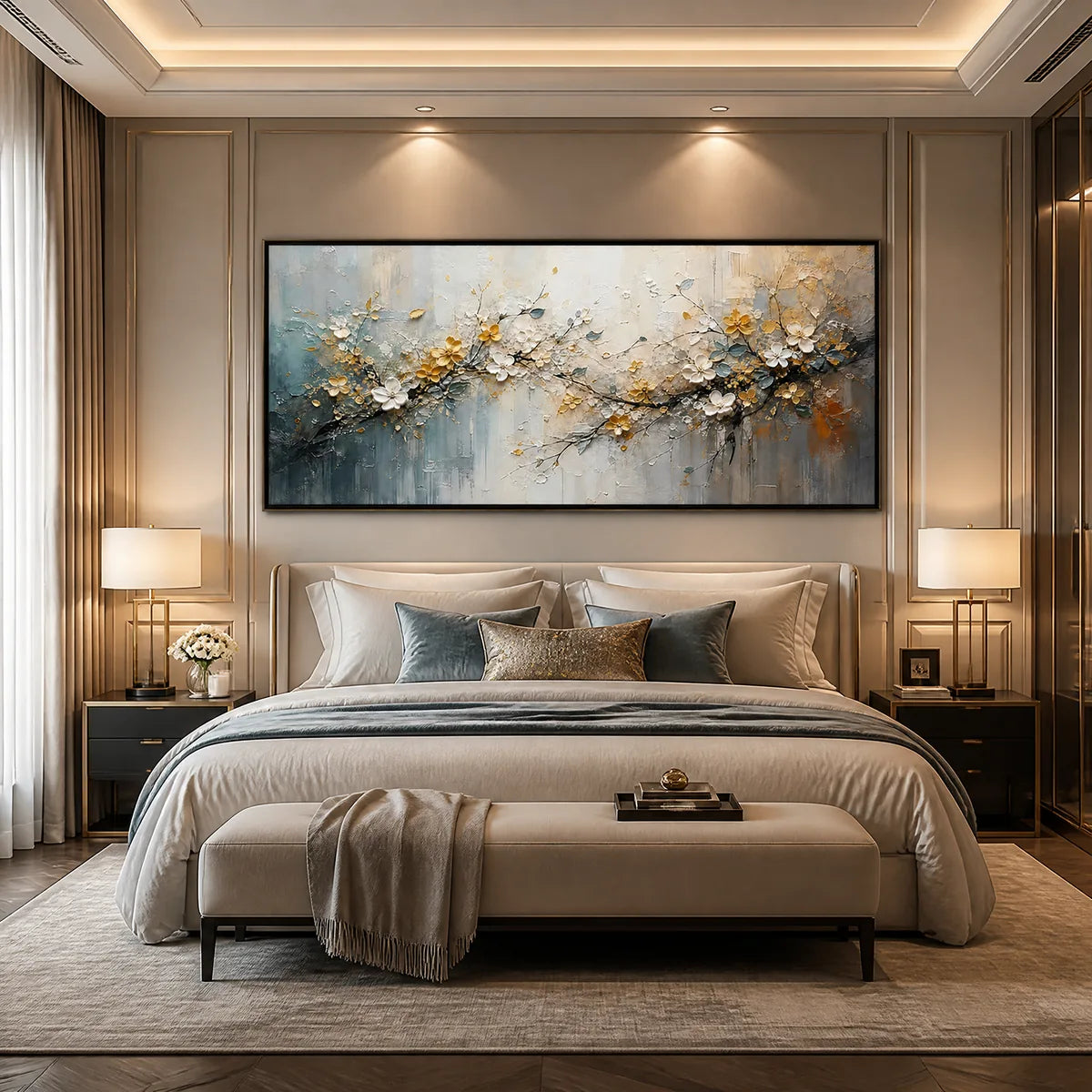 GOLDEN BRANCH: Soft Gold Floral Branch Art