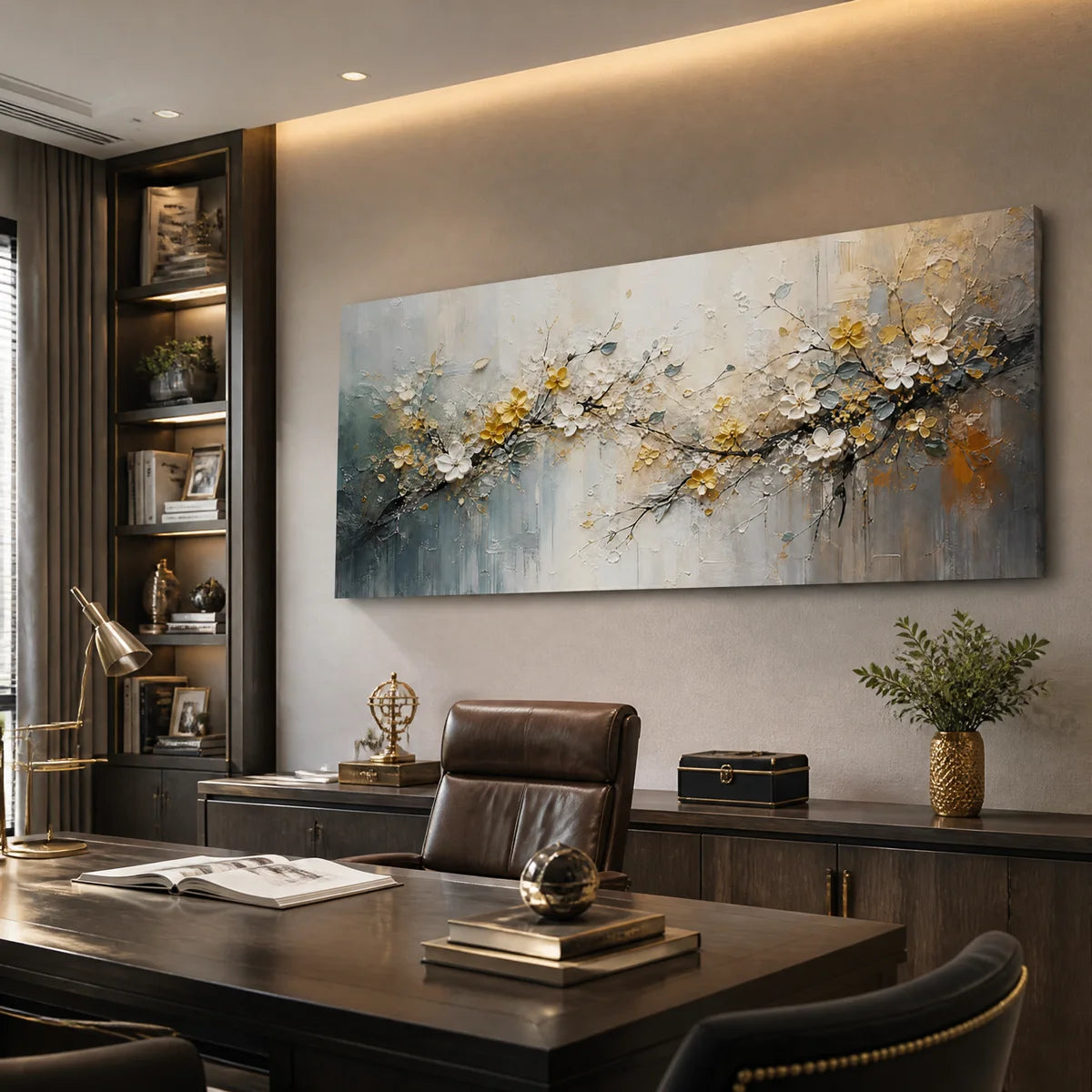 Hand-painted 3D floral oil painting with thick texture, displayed in a professional home office.