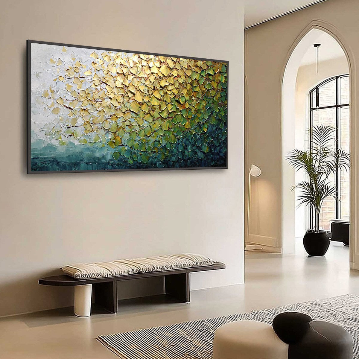 GOLDEN CANOPY: Heavily Textured Gold & Green Abstract Impasto Painting