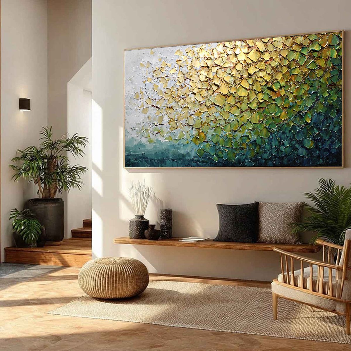 GOLDEN CANOPY: Heavily Textured Gold & Green Abstract Impasto Painting