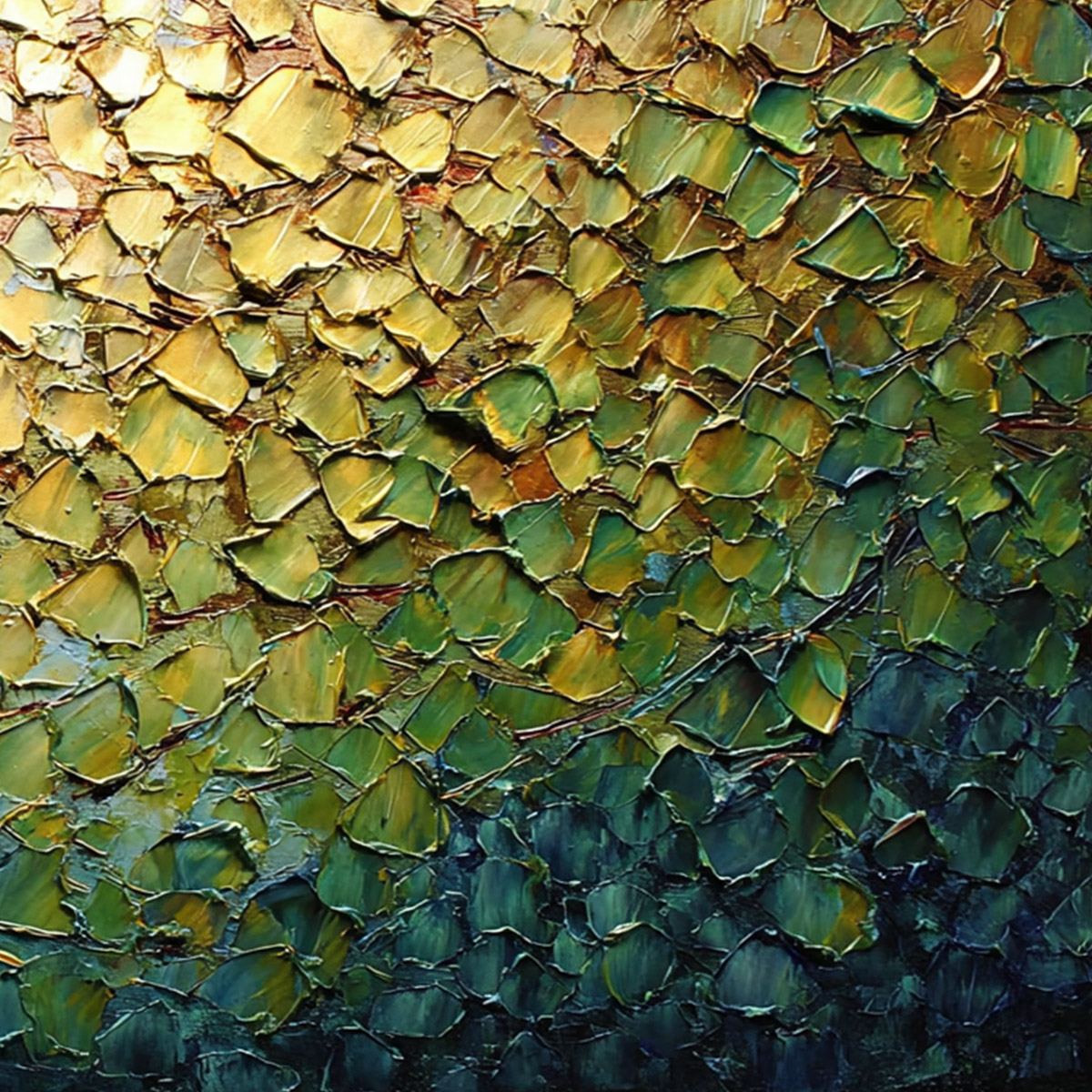 GOLDEN CANOPY: Heavily Textured Gold & Green Abstract Impasto Painting