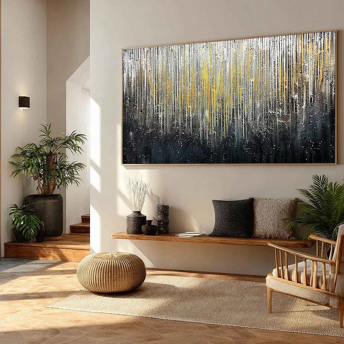GOLDEN CASCADE: Large Textured Abstract Gold and Black Painting