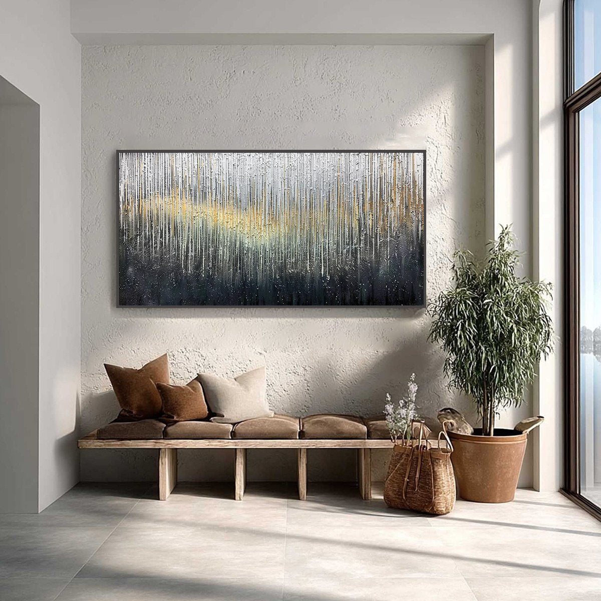 GOLDEN CASCADE: Large Textured Abstract Impasto Painting with Gold and Silver