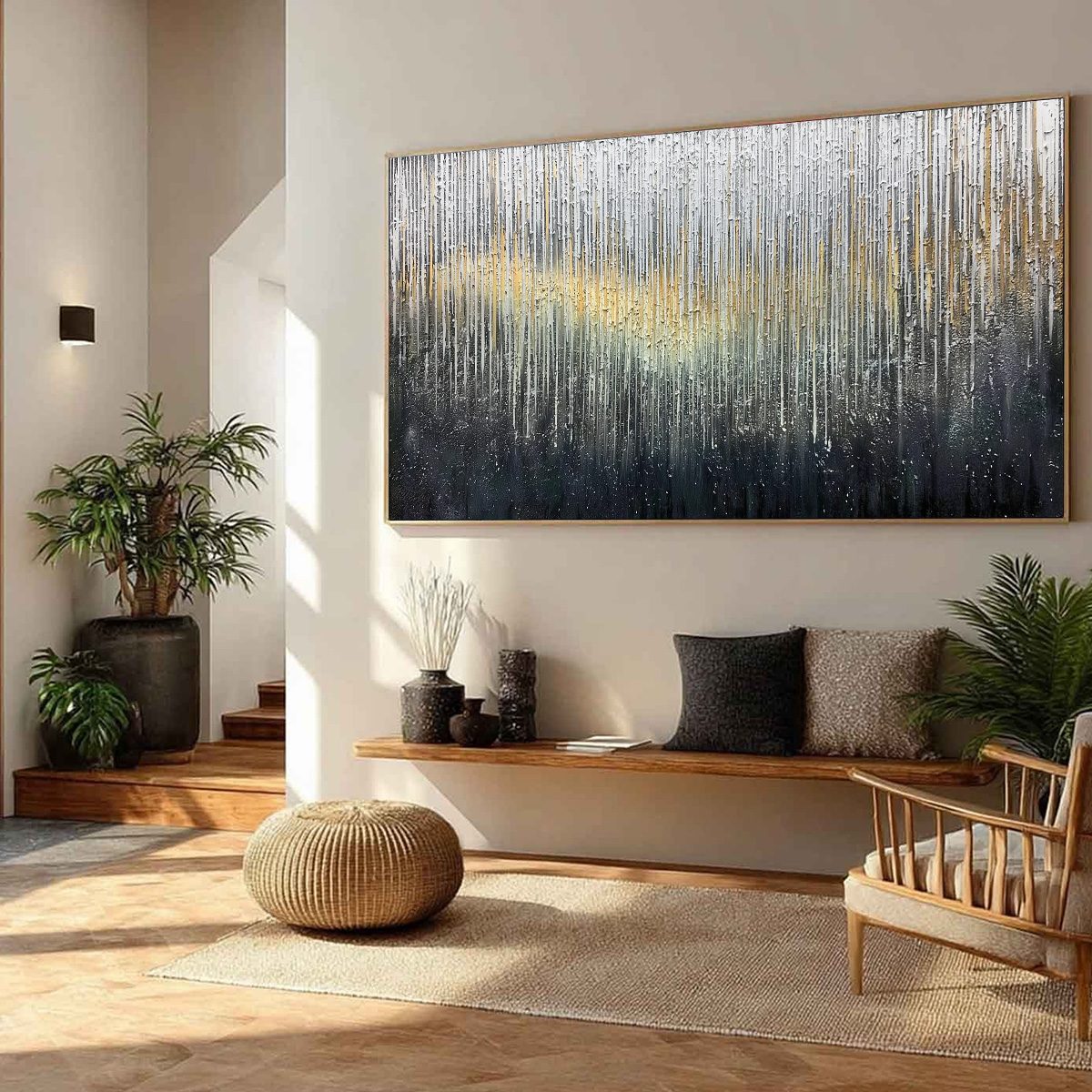 GOLDEN CASCADE: Large Textured Abstract Impasto Painting with Gold and Silver