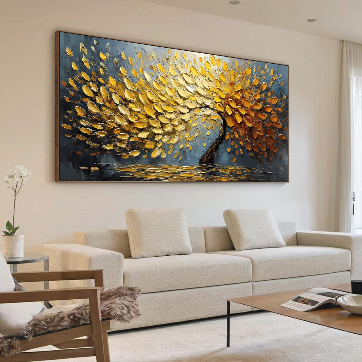 GOLDEN CASCADE: Textured Palette Knife Impasto Tree Painting