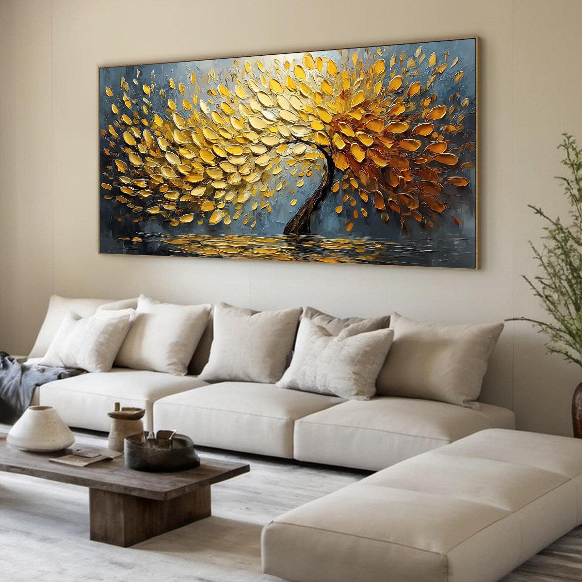 GOLDEN CASCADE: Textured Palette Knife Impasto Tree Painting