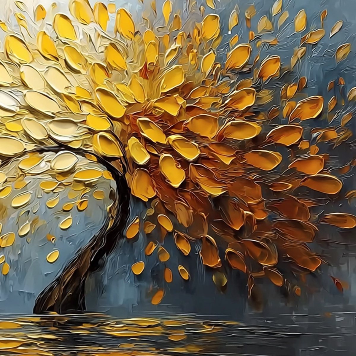 GOLDEN CASCADE: Textured Palette Knife Impasto Tree Painting