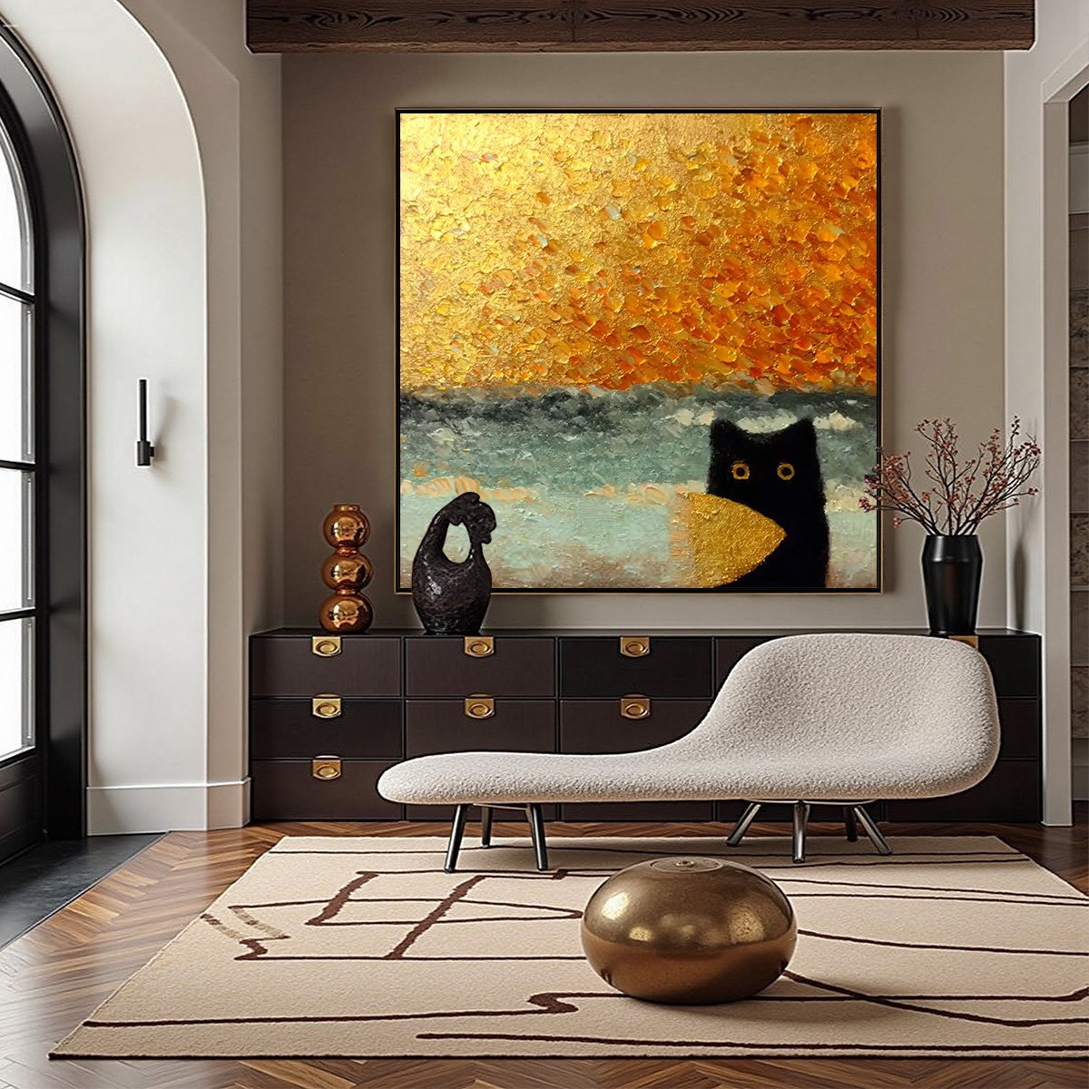GOLDEN CATCH: Textured Gold Leaf Abstract Cat Painting