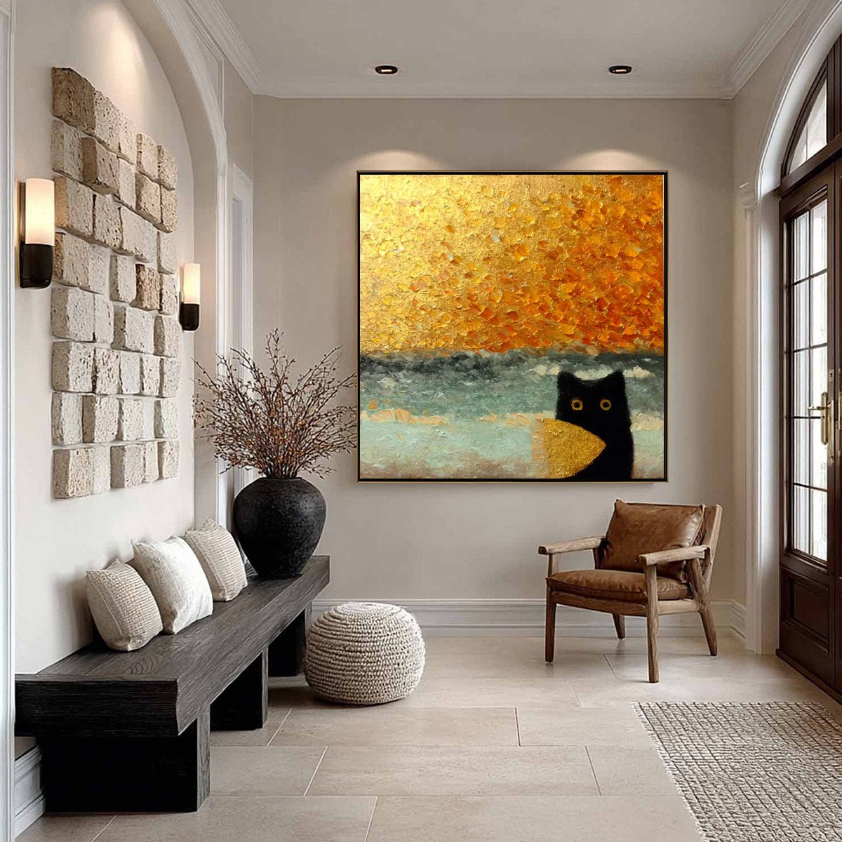 GOLDEN CATCH: Textured Gold Leaf Abstract Cat Painting