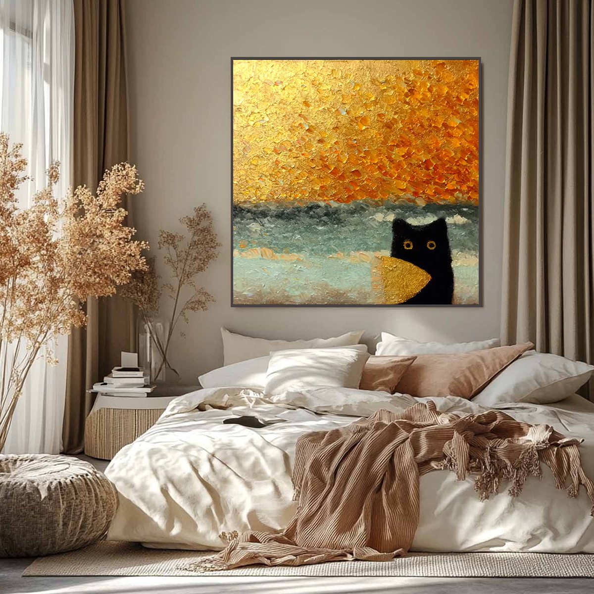 GOLDEN CATCH: Textured Gold Leaf Abstract Cat Painting