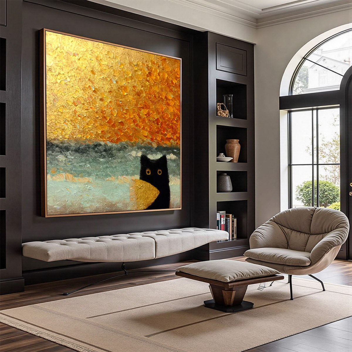 GOLDEN CATCH: Textured Gold Leaf Abstract Cat Painting
