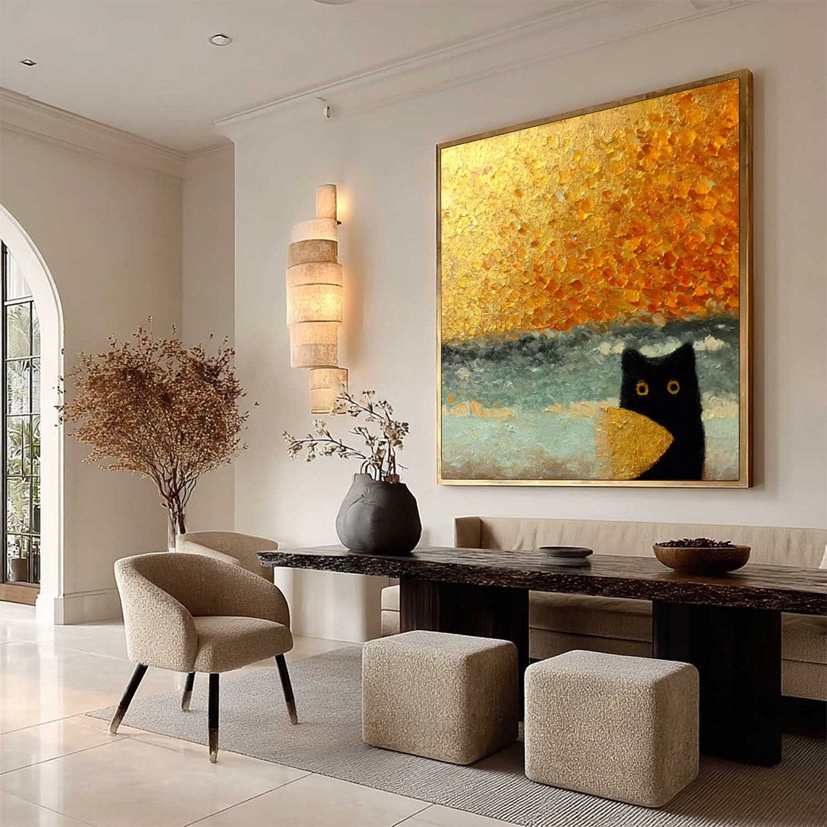 GOLDEN CATCH: Textured Gold Leaf Abstract Cat Painting