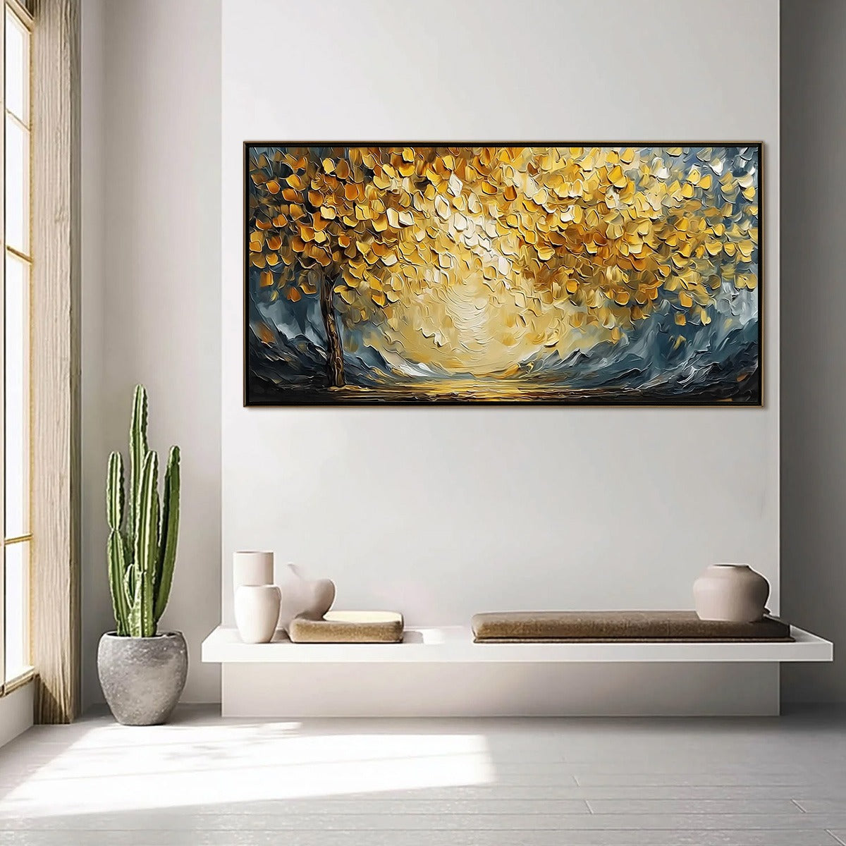 GOLDEN EMBRACE: Textured Golden Leaf Tree Impasto Landscape Painting