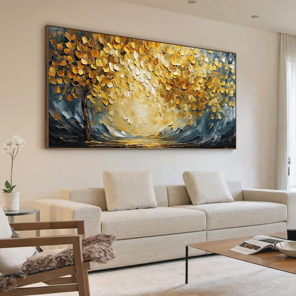GOLDEN EMBRACE: Textured Golden Leaf Tree Impasto Landscape Painting