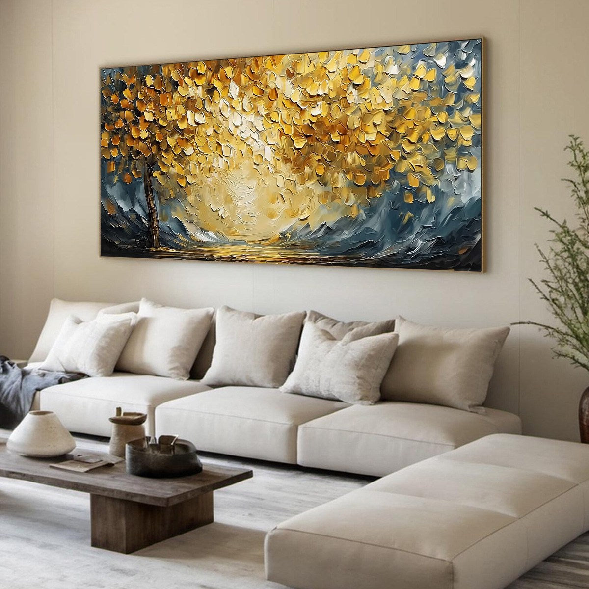 GOLDEN EMBRACE: Textured Golden Leaf Tree Impasto Landscape Painting