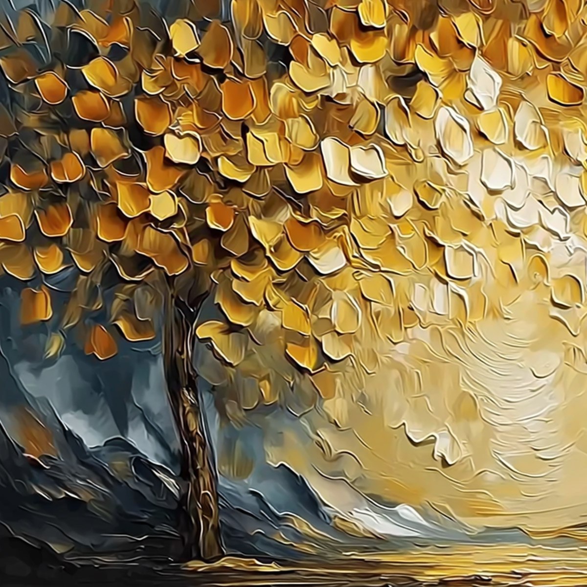 GOLDEN EMBRACE: Textured Golden Leaf Tree Impasto Landscape Painting