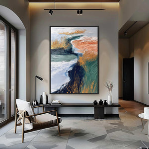 Modern abstract river landscape wall art, original impasto painting with blues, greens, gold reeds.
