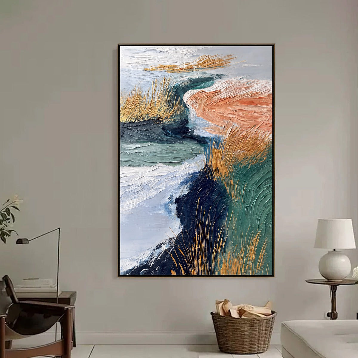 GOLDEN ESTUARY textured abstract river landscape original wall art painting.
