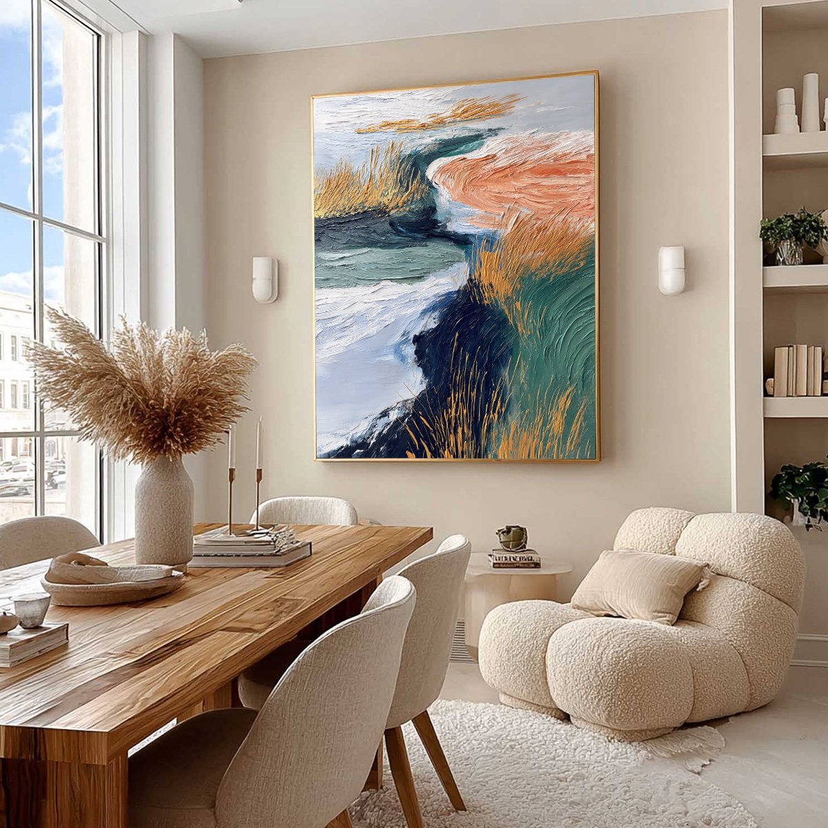 Original handmade painting: GOLDEN ESTUARY abstract river landscape, impasto texture, gold.