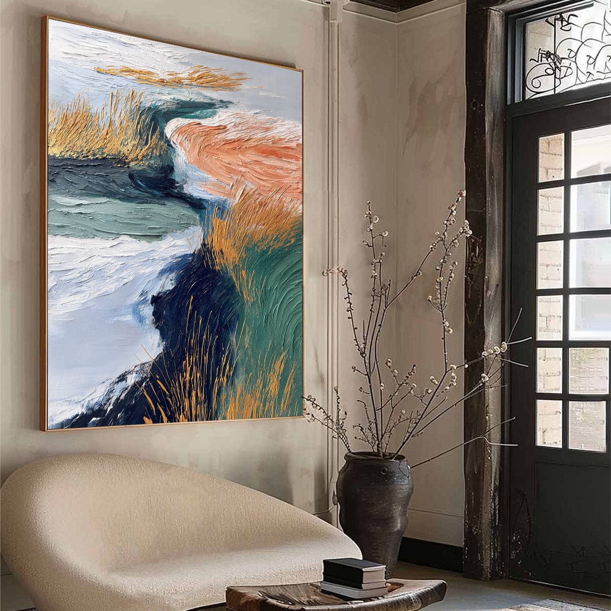 Modern wall art: Original textured abstract river landscape painting 'Golden Estuary' with impasto gold reeds.
