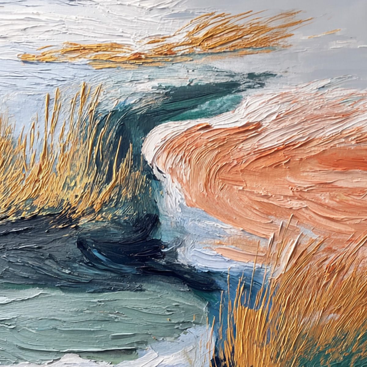 Original Golden Estuary abstract painting with impasto texture and golden reeds.