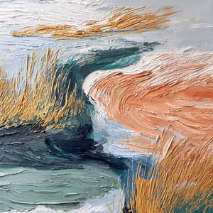Original Golden Estuary abstract painting with impasto texture and golden reeds.