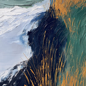 Golden Estuary: Textured impasto abstract river landscape painting, blue, green, gold.