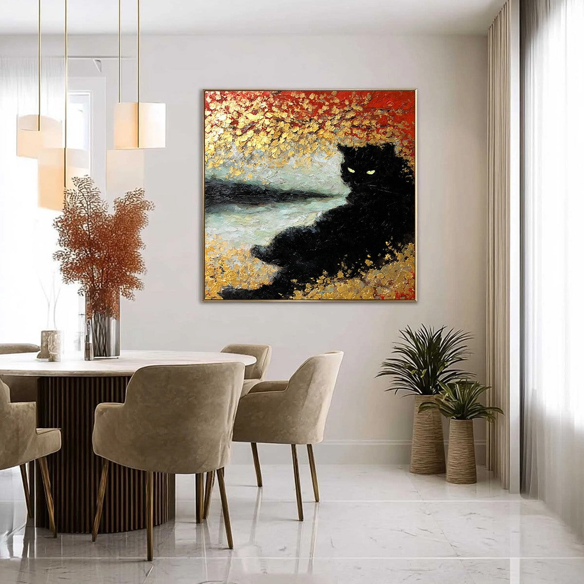 GOLDEN GAZE: Textured Impasto Black Cat Painting with Gold Leaf