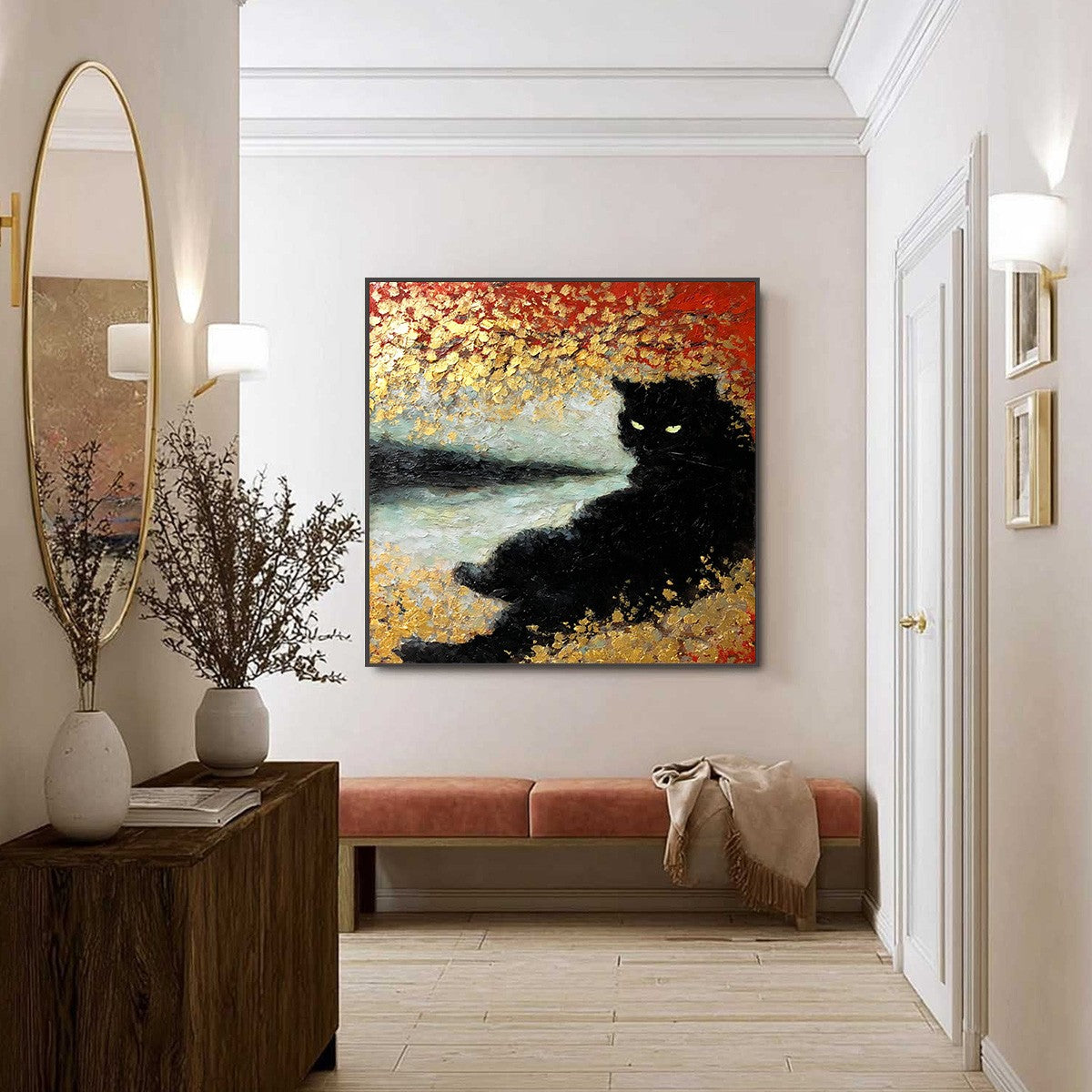 GOLDEN GAZE: Textured Impasto Black Cat Painting with Gold Leaf
