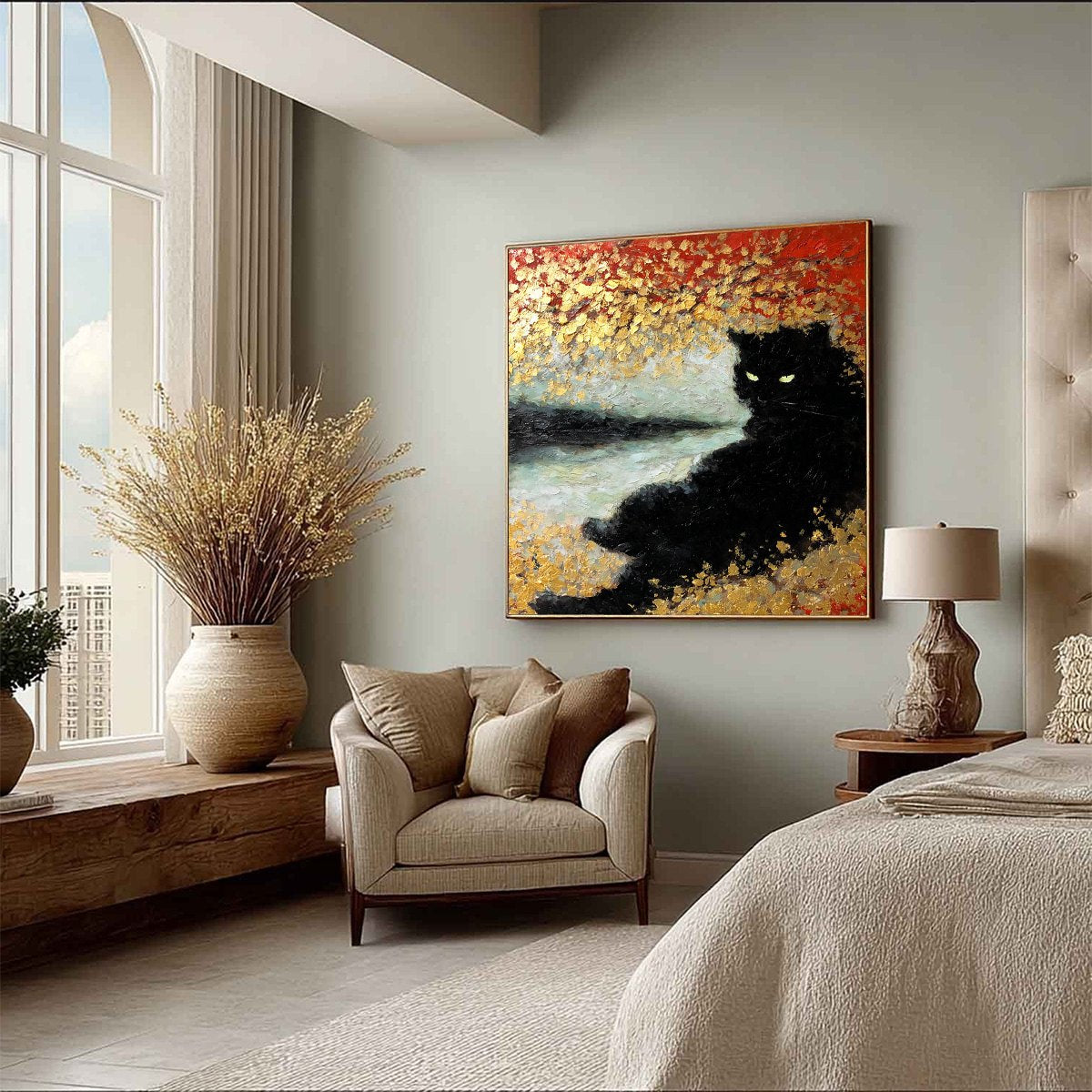 GOLDEN GAZE: Textured Impasto Black Cat Painting with Gold Leaf
