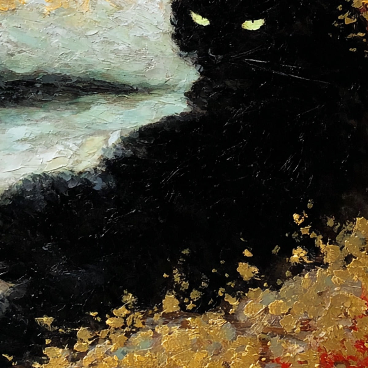 GOLDEN GAZE: Textured Impasto Black Cat Painting with Gold Leaf