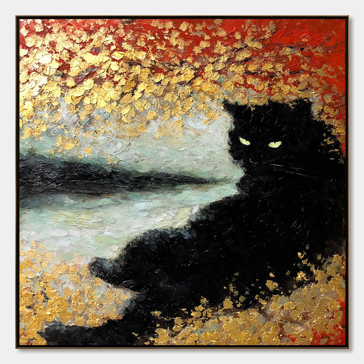 GOLDEN GAZE: Textured Impasto Black Cat Painting with Gold Leaf