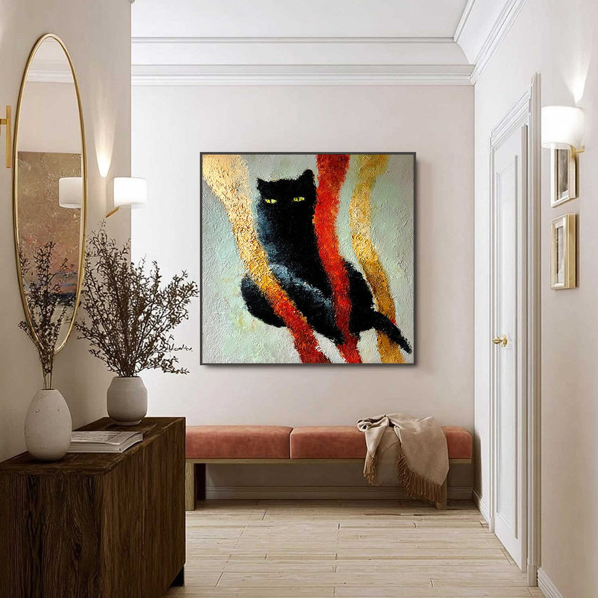 GOLDEN GAZE: Textured Impasto Black Cat Painting with Golden Accents