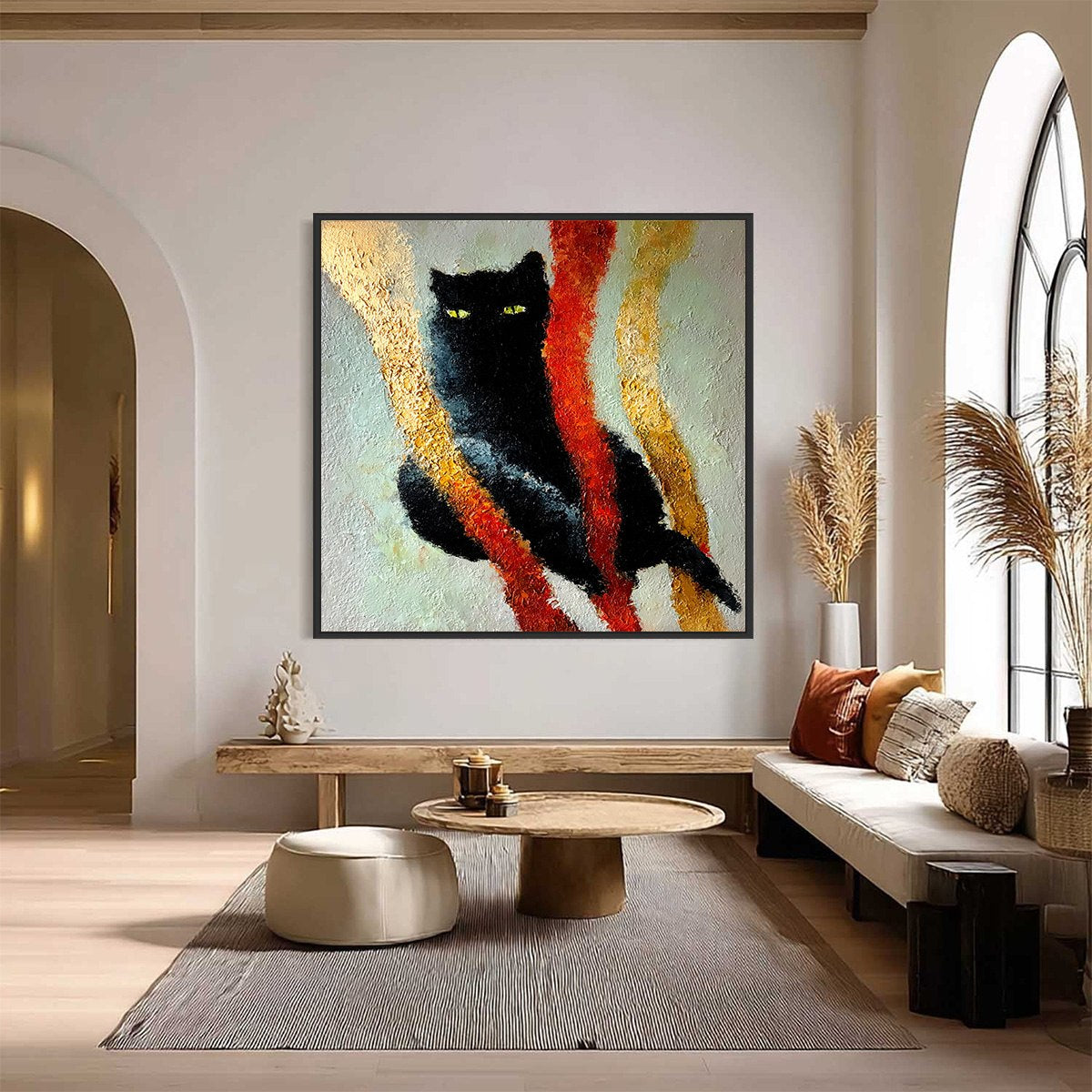 GOLDEN GAZE: Textured Impasto Black Cat Painting with Golden Accents