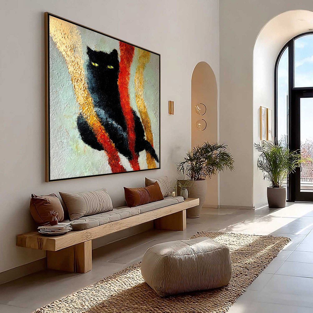 GOLDEN GAZE: Textured Impasto Black Cat Painting with Golden Accents