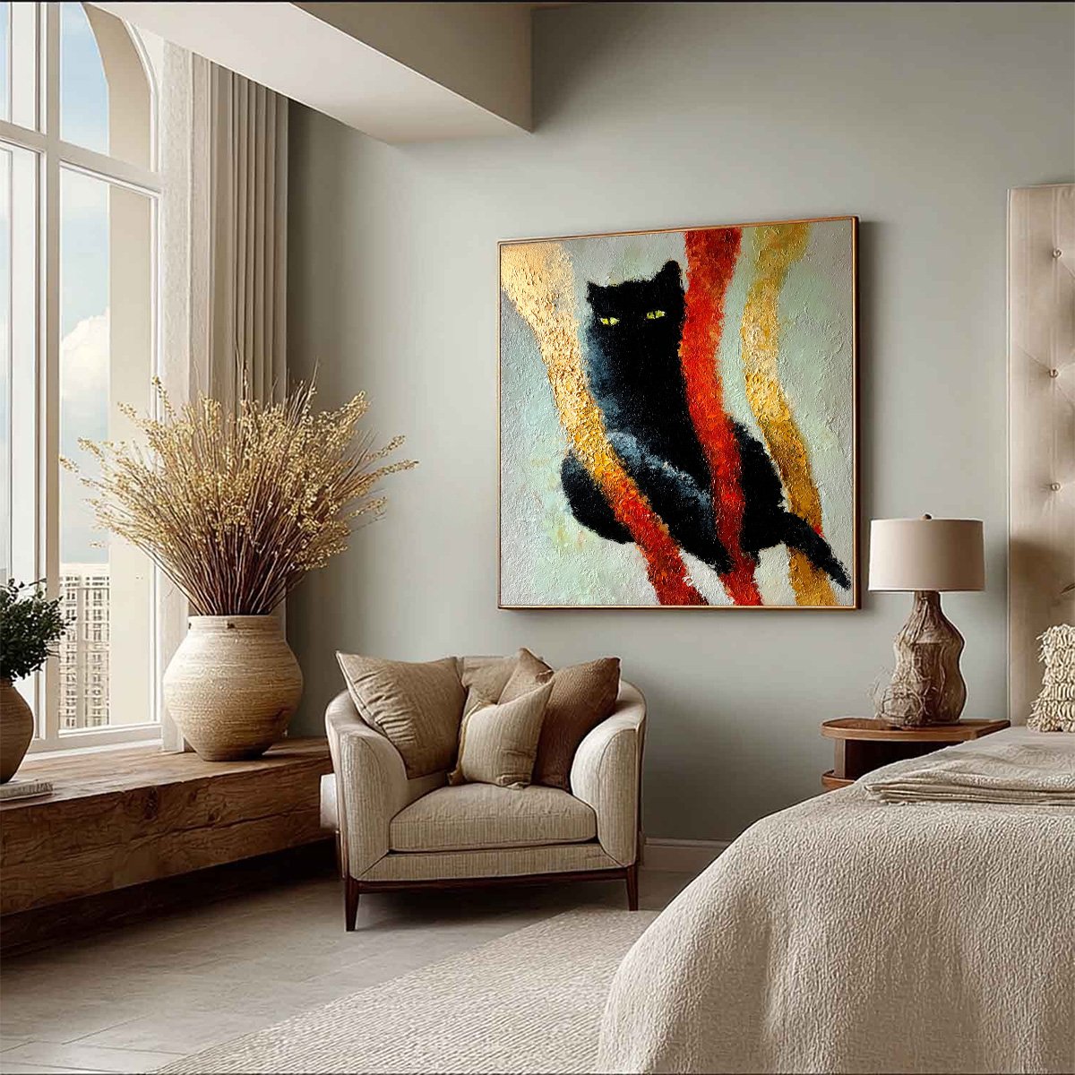 GOLDEN GAZE: Textured Impasto Black Cat Painting with Golden Accents