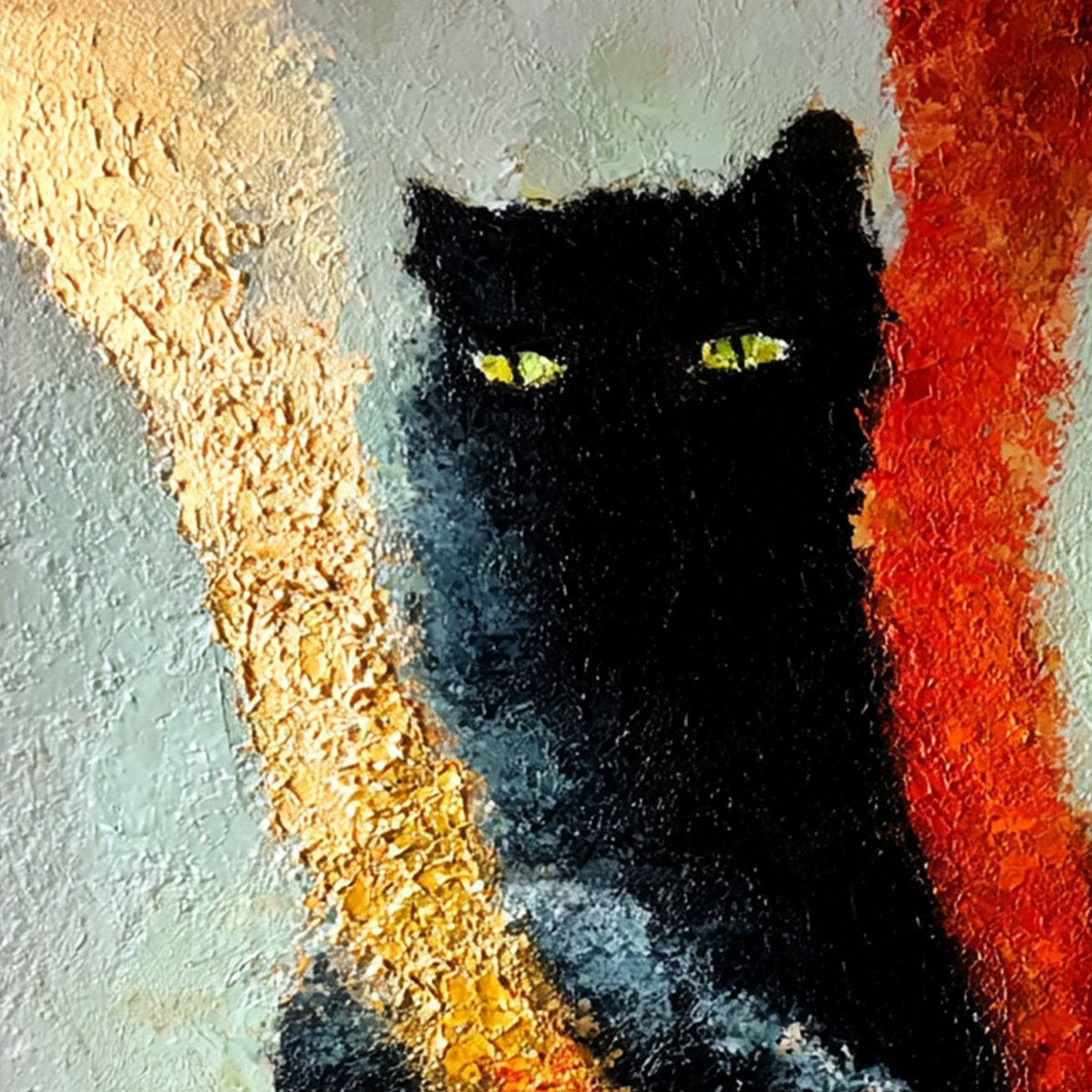 GOLDEN GAZE: Textured Impasto Black Cat Painting with Golden Accents