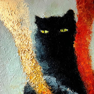 GOLDEN GAZE: Textured Impasto Black Cat Painting with Golden Accents