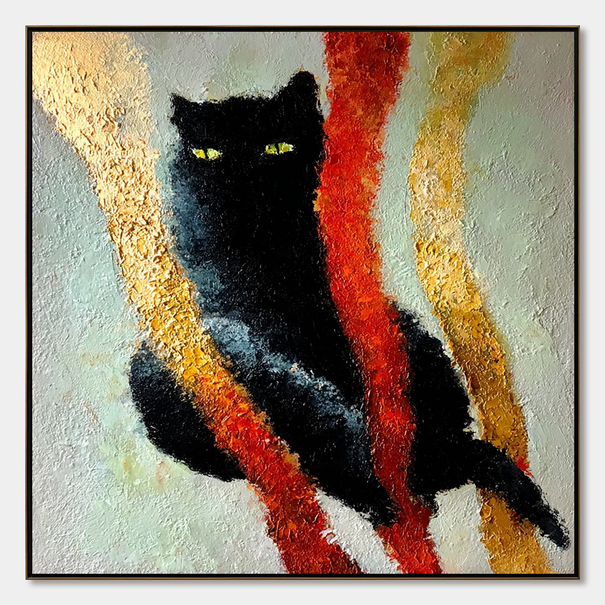 GOLDEN GAZE: Textured Impasto Black Cat Painting with Golden Accents