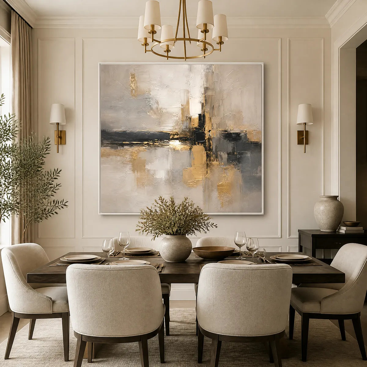 Gold & Grey Abstract, textured oil painting with white frame displayed in a refined dining room.