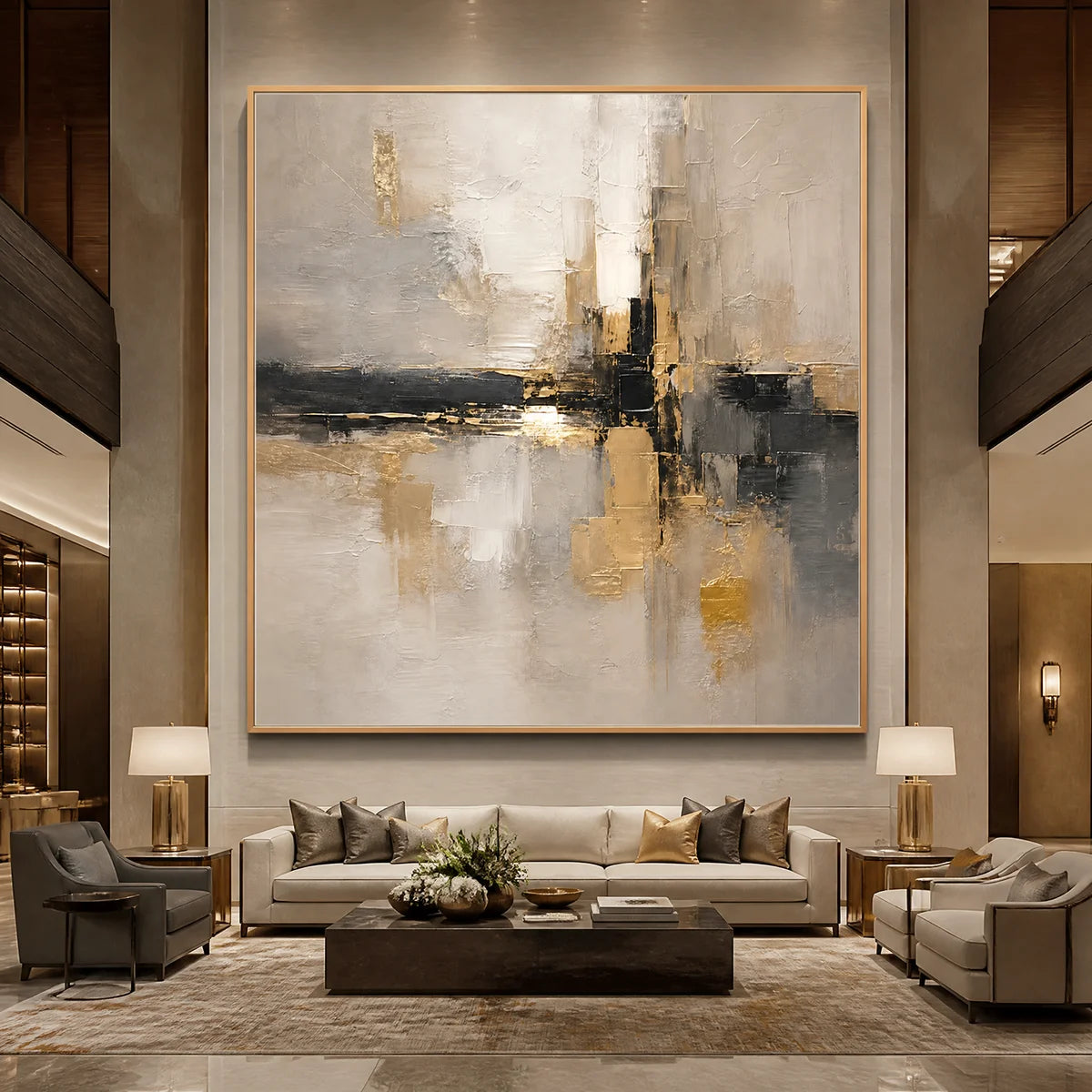 Gold & Grey Abstract, large-scale impasto canvas art with wooden frame displayed in a refined hotel lobby.