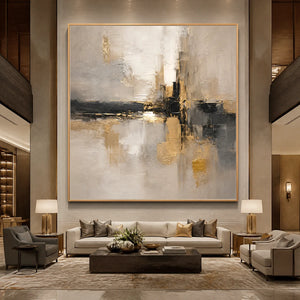 Gold & Grey Abstract, large-scale impasto canvas art with wooden frame displayed in a refined hotel lobby.