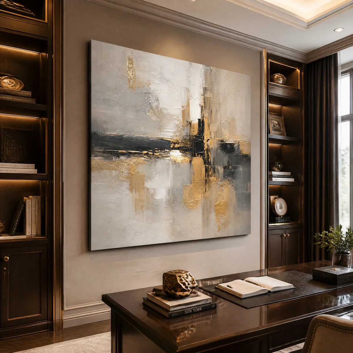 Gold & Grey Abstract, gallery-wrapped modern art displayed in a refined office.