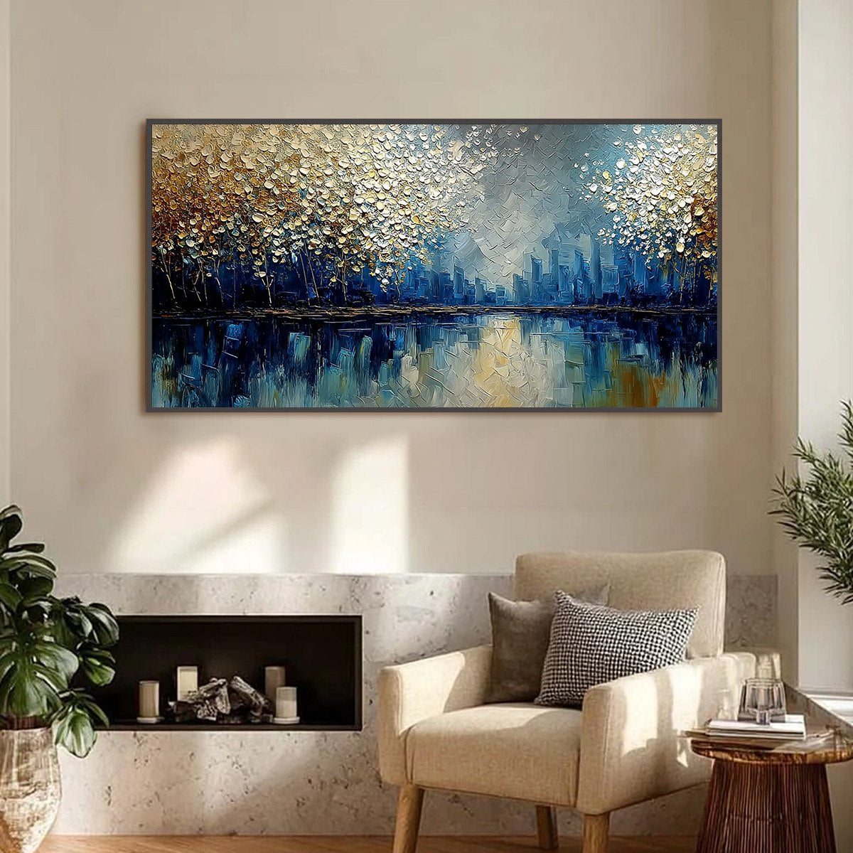 GOLDEN HORIZON: Textured Abstract Cityscape Painting with Golden Hues
