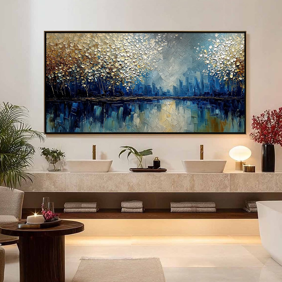 GOLDEN HORIZON: Textured Abstract Cityscape Painting with Golden Hues