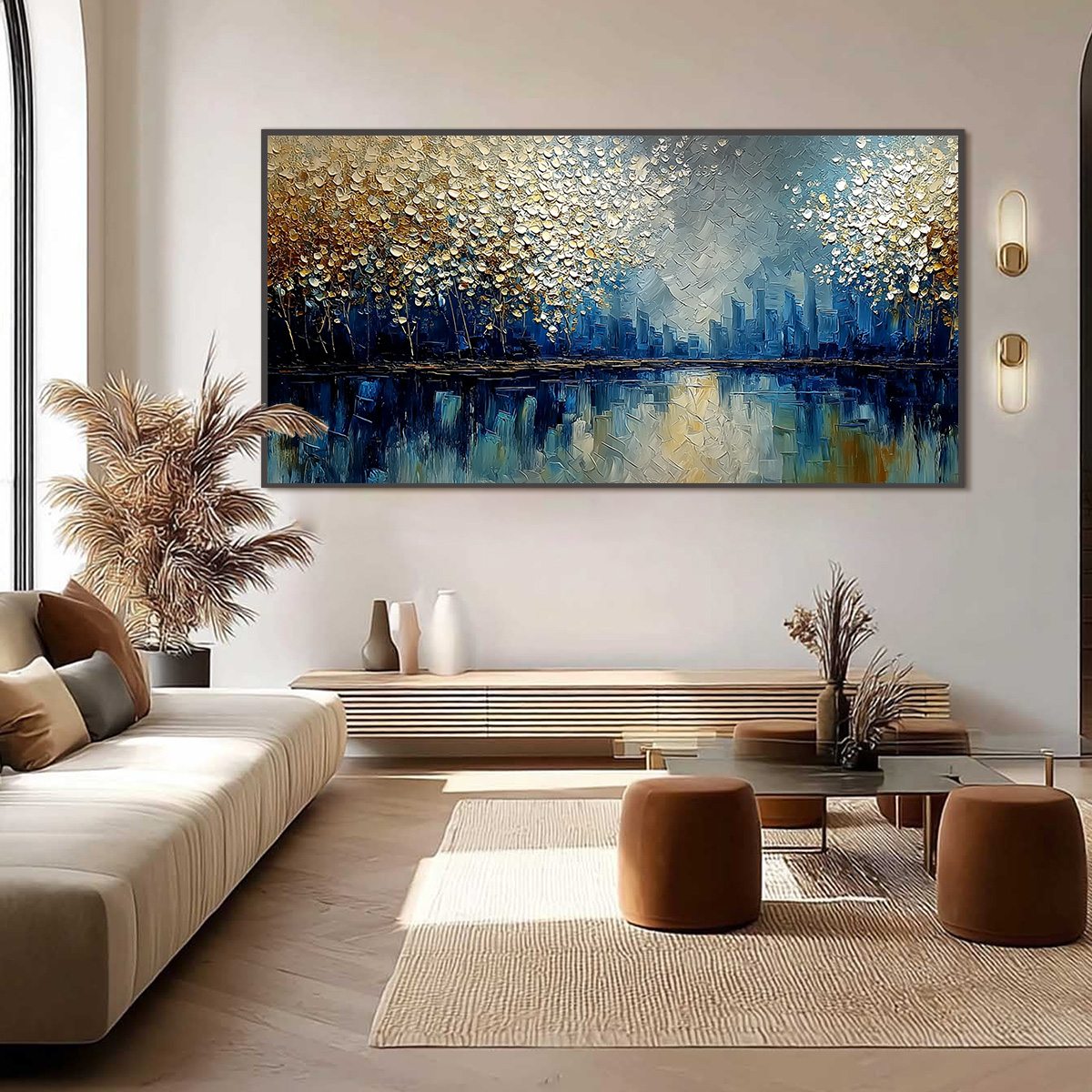 GOLDEN HORIZON: Textured Abstract Cityscape Painting with Golden Hues