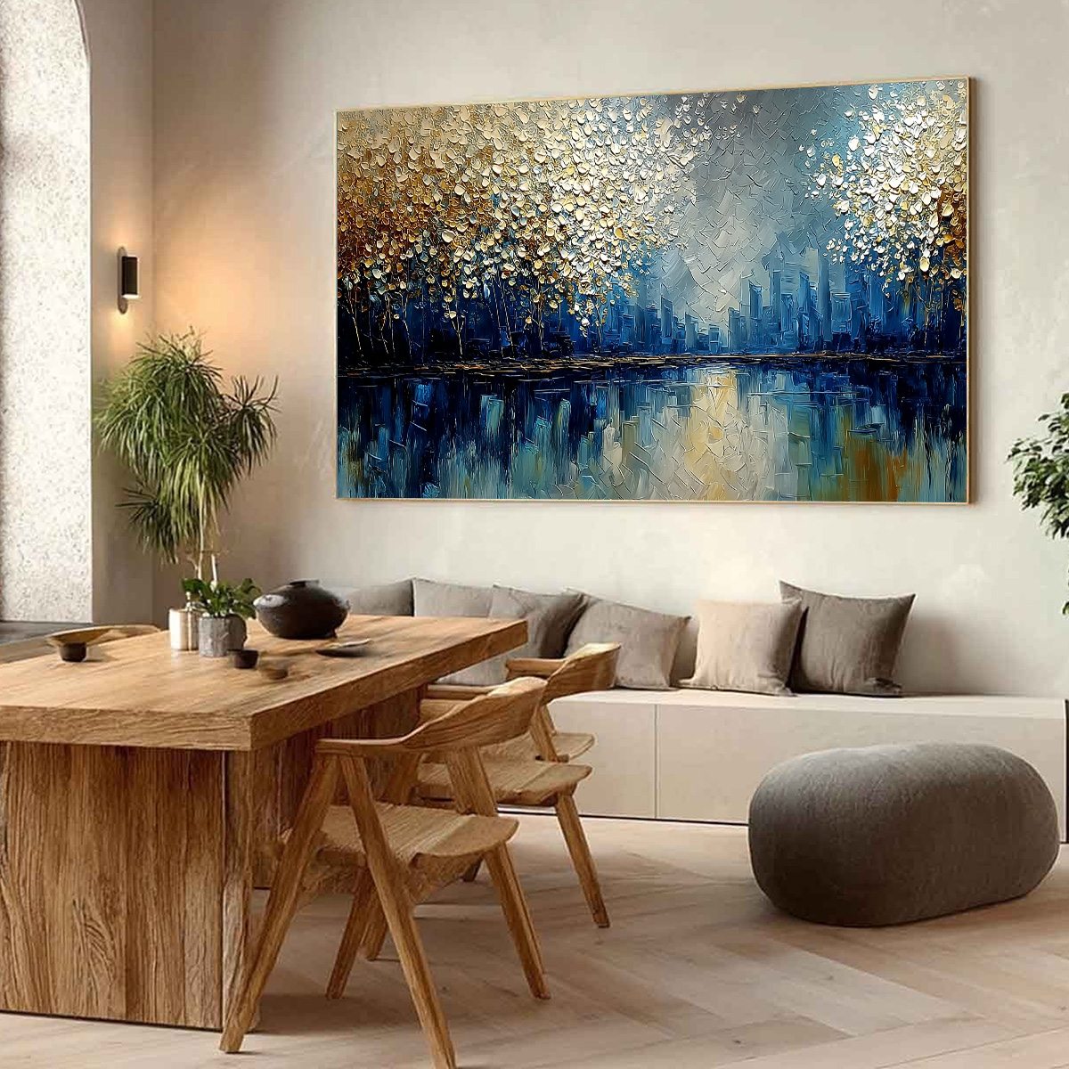 GOLDEN HORIZON: Textured Abstract Cityscape Painting with Golden Hues