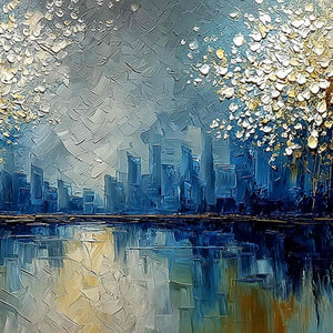 GOLDEN HORIZON: Textured Abstract Cityscape Painting with Golden Hues