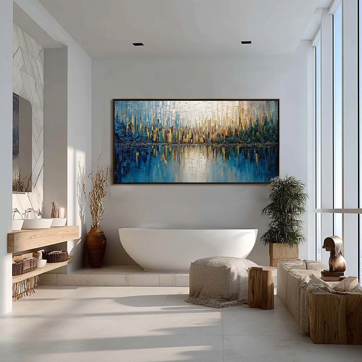 GOLDEN HORIZON: Textured Abstract Cityscape Reflection Oil Painting