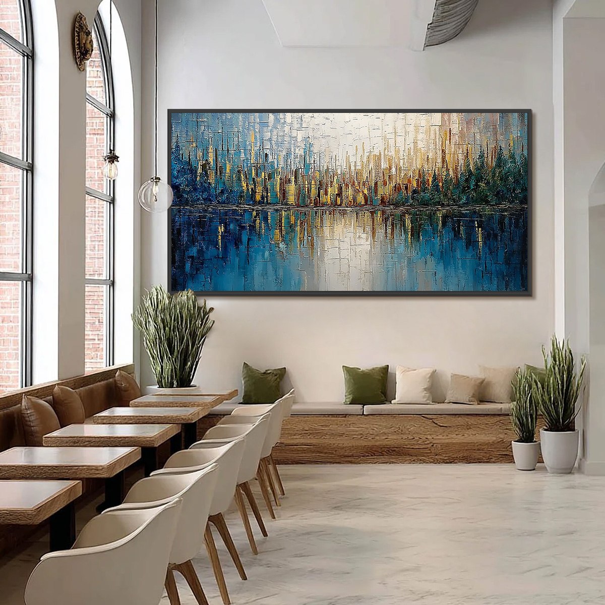 GOLDEN HORIZON: Textured Abstract Cityscape Reflection Oil Painting